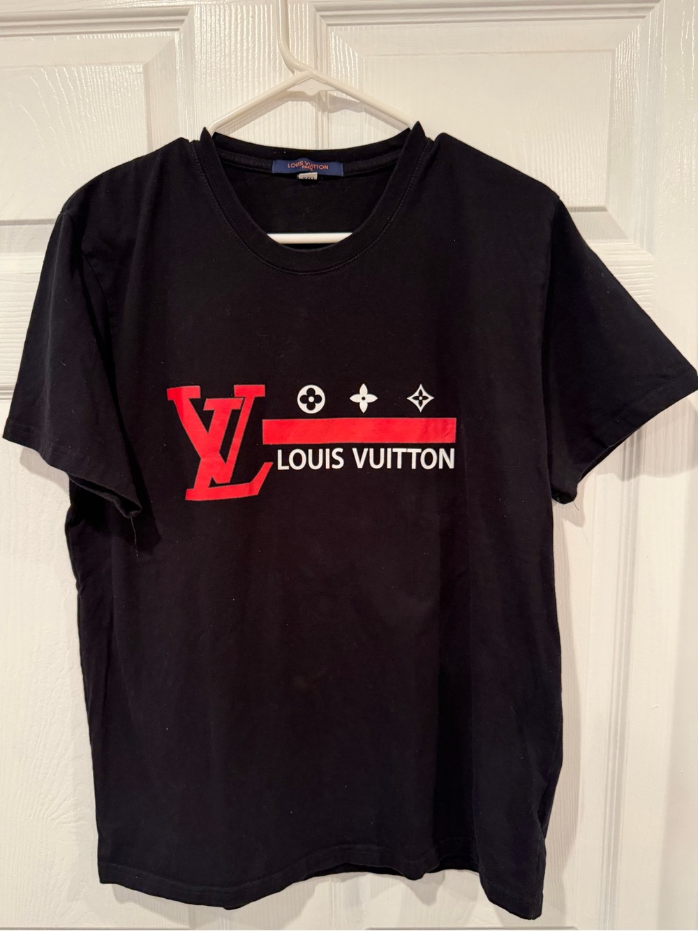 Louis Vuitton Black Tee with Red Logo and White Script